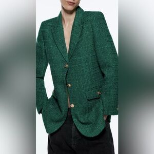 ZARA Green Buttoned Textured Weave Blazer Size: M